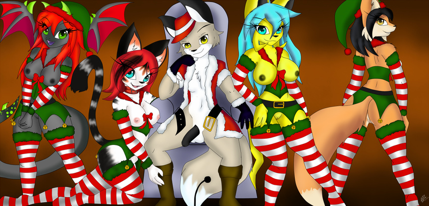 anthro big_eyes breasts canine christmas clothed clothing dragon feline female fox group happy holidays legwear looking_at_viewer male mammal neronova nipples open_mouth pose presenting pussy sitting skimpy stockings voluptuous wide_hips wings