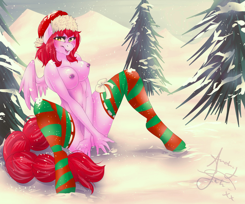 absurd_res anthro bedroom_eyes big_breasts blush breasts christmas equine fan_character feathers female fur fur-what-loo hair hat hi_res holidays hooves legwear long_hair looking_at_viewer mammal my_little_pony navel nipple_piercing nipples open_mouth outside pegasus piercing pink_fur pom_hat red_hair santa_hat sitting smile snow solo spread_legs spreading stockings wings winter yellow_eyes