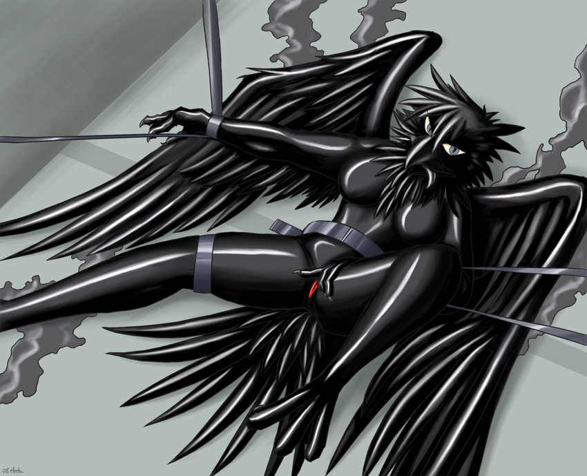 2009 anthro audie-gryph avian bound female gryphon pussy red_eyes rubber_suit simple_background solo