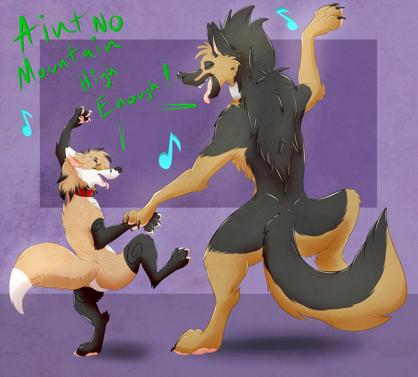 2014 4_toes canine claws dancing digitigrade dog duo female feral fox fur german_shepherd hair husky male mammal nelya_rhys_(character) open_mouth paws psy101 rip_(character) size_difference text toes