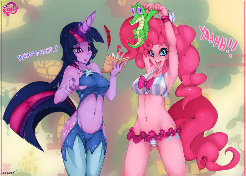 alligator anthro anthrofied blue_eyes breasts clothed clothing dialogue duo equine female friendship_is_magic horn horse legwear looking_at_viewer mammal midriff my_little_pony pinkie_pie_(mlp) pony purple_eyes reptile scalie skimpy slugbox text twilight_sparkle_(mlp) underwear winged_unicorn wings