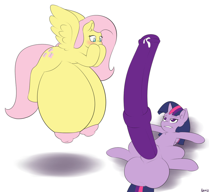 2014 animal_genitalia balls big_balls big_breasts blush breasts cum cutie_mark dickgirl duo equine female feral fluttershy_(mlp) flying friendship_is_magic fur hair horn horsecock huge_breasts hyper hyper_balls hyper_penis intersex lamiaaaa mammal my_little_pony pegasus penis pink_hair plain_background precum purple_eyes purple_fur purple_hair shadow teal_eyes teats twilight_sparkle_(mlp) what white_background winged_unicorn wings yellow_fur