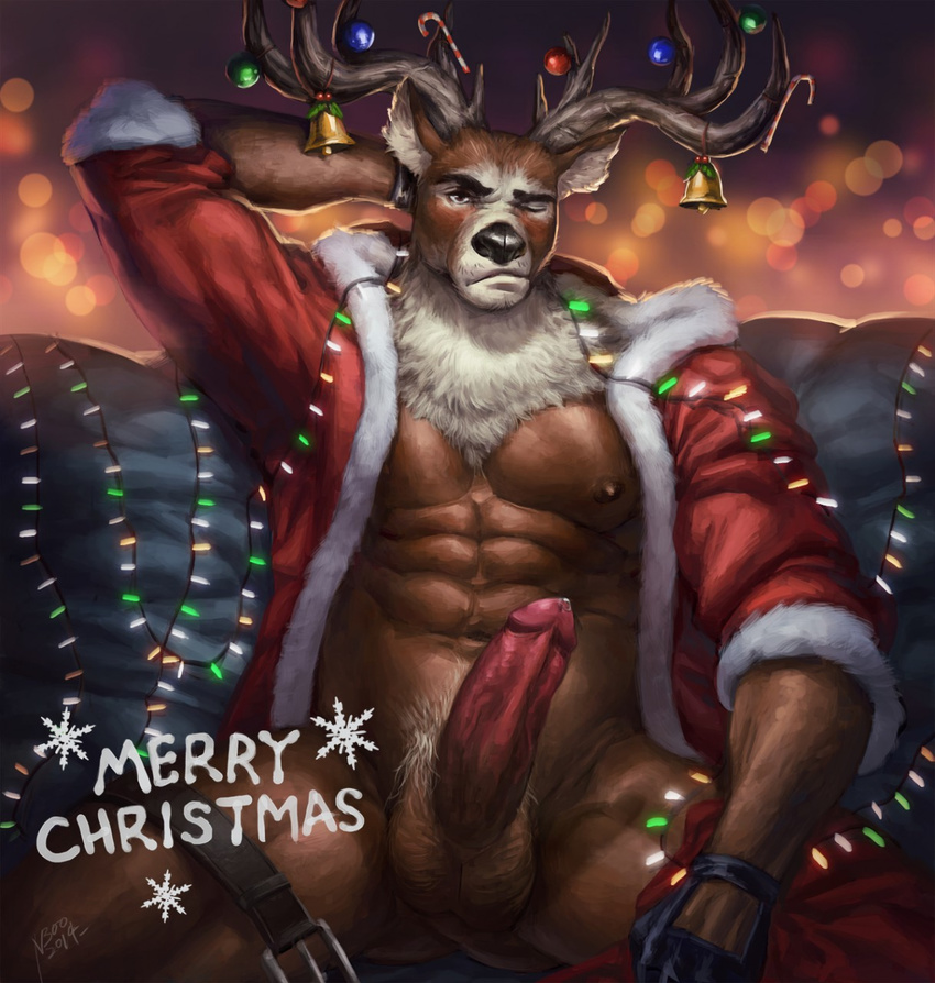 2014 abs anthro antlers balls bell cervine christmas coat erection holidays horn looking_at_viewer male mammal muscles nick300 nipples one_eye_closed pecs penis precum reindeer solo