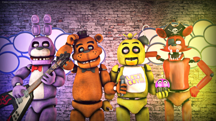 animatronic anthro avian bear bird bonnie_(fnaf) canine chica_(fnaf) chicken cupcake cupcake_(fnaf) five_nights_at_freddy's food fox foxy_(fnaf) freddy_(fnaf) group guitar happy hat lagomorph looking_at_viewer machine male mammal mechanical musical_instrument princessbloodymary_(artist) rabbit robot stage