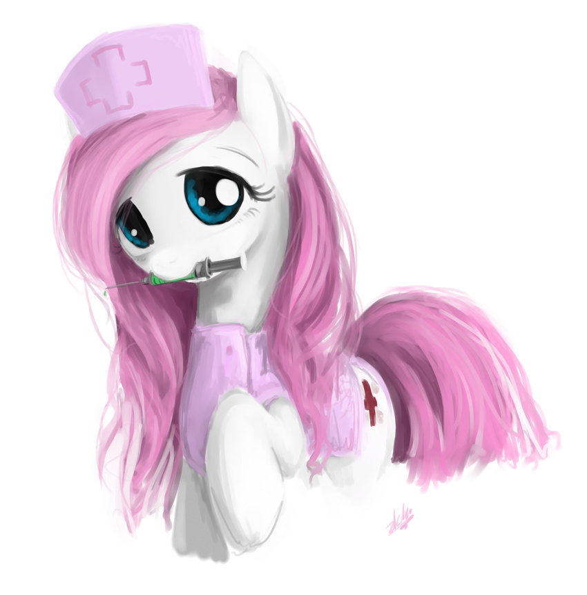 2013 blue_eyes clothed clothing cutie_mark equine female friendship_is_magic hair horse long_hair looking_at_viewer mammal my_little_pony nurse_redheart_(mlp) pink_hair plain_background pony solo syringe white_background zlack3r
