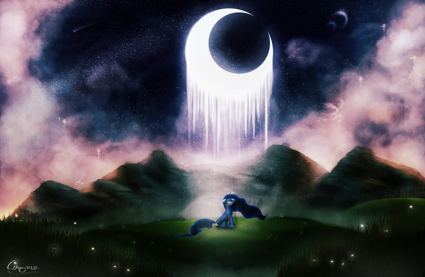 2014 blue_eyes blue_hair cutie_mark equine female firefly friendship_is_magic grass hair horn mammal moon mountain my_little_pony princess_luna_(mlp) rain-gear shooting_star sitting solo star winged_unicorn wings