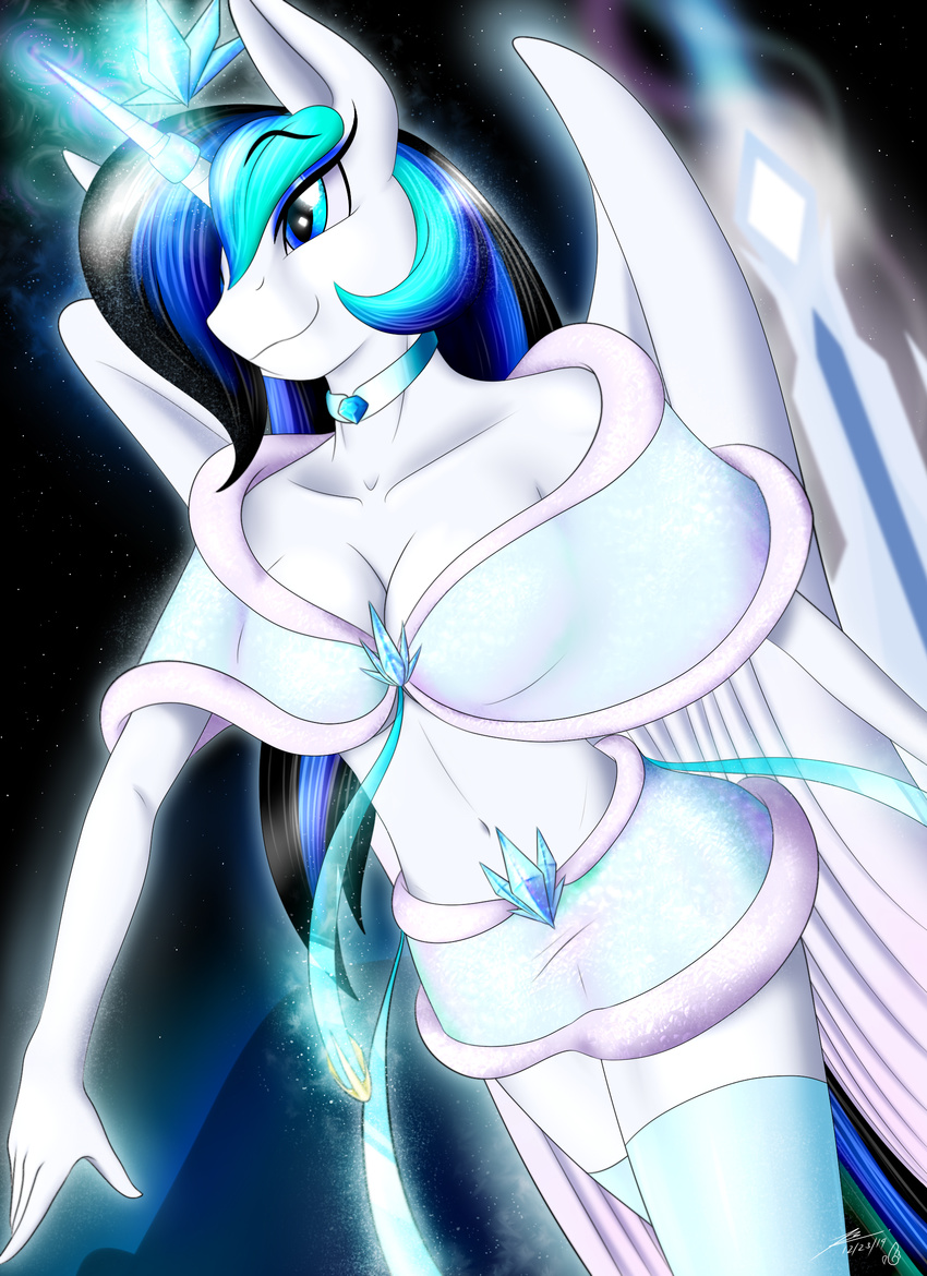 2014 anthro black_hair blue_eyes blue_hair blumagpie breasts cleavage clothed clothing collar crystal crystal_empire crystal_pony_(mlp) diamond equine eyeshadow fan_character female gem hair horn makeup mammal miniskirt my_little_pony navel portrait ring skirt solo sparkles two_tone_hair winged_unicorn wings