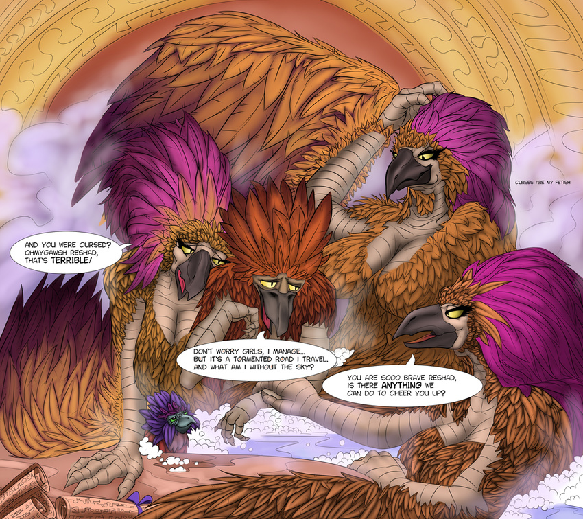 2014 anthro arakkoa avian bath breasts brown_feathers bubble dialogue english_text feathers female group percy purple_feathers reshad scroll size_difference slit_pupils smile text video_games warcraft water world_of_warcraft zoomerboomerz
