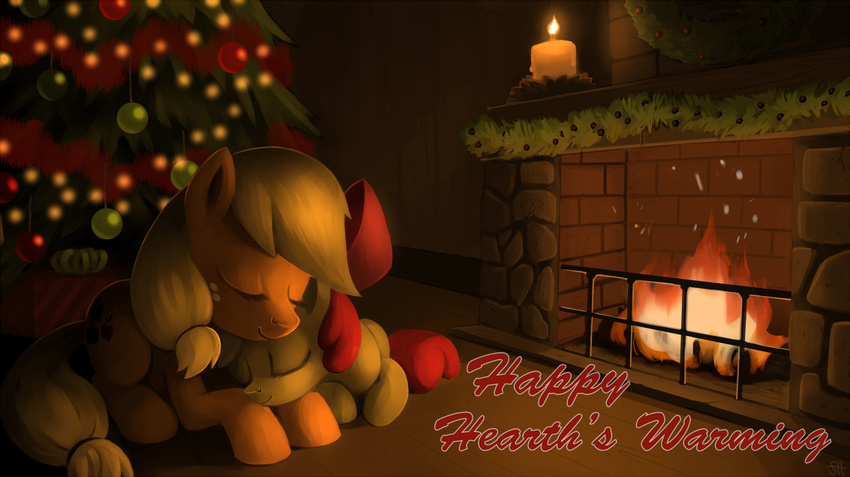 2014 apple_bloom_(mlp) applejack_(mlp) blonde_hair bow candle christmas christmas_tree cuddling cutie_mark duo equine eyes_closed female fire fireplace friendship_is_magic gift hair holidays horse lying mammal my_little_pony pony red_hair sibling sisters sorcerushorserus tinsel tree young