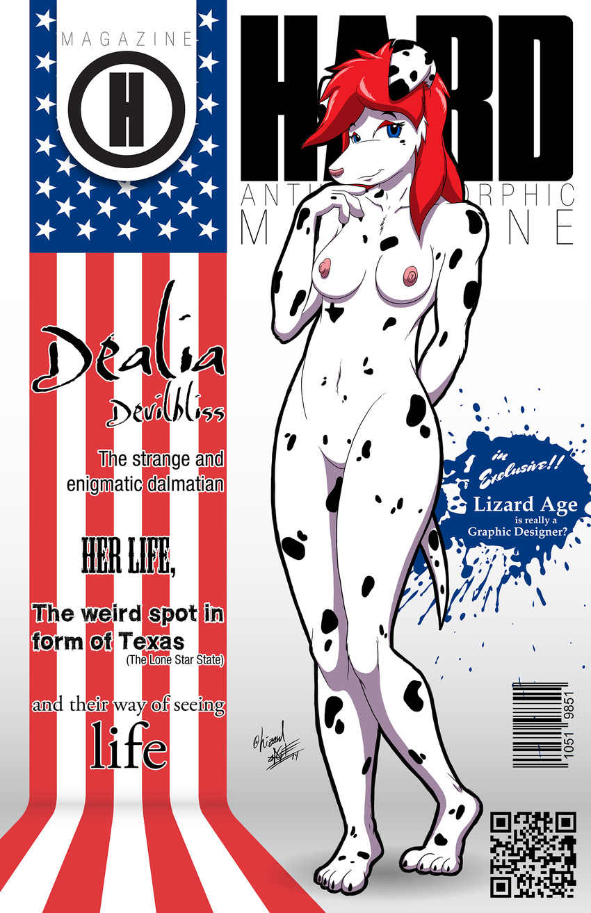 2014 anthro anthrofied blue_eyes breasts canine dalmatian dealia_devilbliss digital_media_(artwork) dog female fur hair hi_res lizardage long_hair looking_at_viewer mammal nipples nude paws red_hair smile solo toes