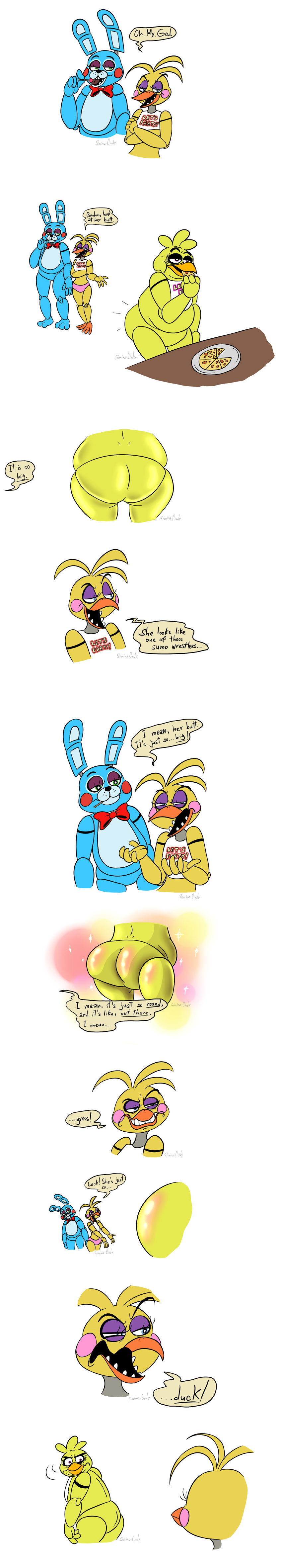 angry animatronic anthro bow_tie butt chica_(fnaf) female five_nights_at_freddy's five_nights_at_freddy's_2 food group jealous machine male mechanical pizza robot simina-cindy toy_bonnie_(fnaf) toy_chica_(fnaf)