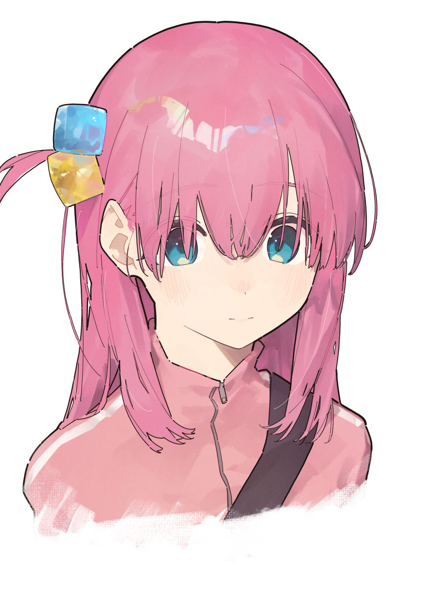 1girl absurdres blue_eyes bocchi_the_rock! closed_mouth commentary_request cube_hair_ornament gotoh_hitori hair_ornament highres jacket looking_at_viewer one_side_up pink_hair pink_jacket shiloroshi simple_background solo track_jacket upper_body white_background