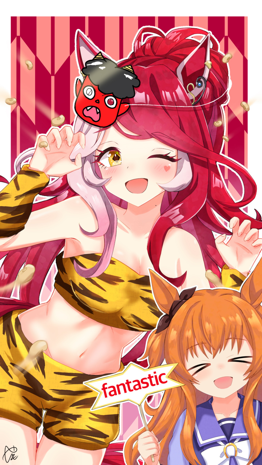 >_< 2girls ;d absurdres animal_ears animal_print blush bow bowtie breasts brown_bow claw_pose cleavage club_(weapon) commentary_request ear_bow facial_mark hair_between_eyes heart heart_facial_mark heart_on_cheek highres holding holding_sign horse_ears horse_girl horseshoe_ornament kanabou long_hair looking_at_viewer loves_only_you_(umamusume) mamemaki mayano_top_gun_(umamusume) medium_breasts midriff mole mole_on_neck multicolored_hair multiple_girls navel one_eye_closed oni_costume pink_hair ponytail purple_serafuku purple_shirt red_hair sailor_collar sailor_shirt school_uniform serafuku setsubun shirt shorts sign signature smile strapless tiger_print tokyo_sports tracen_school_uniform tube_top two-tone_hair umamusume weapon white_bow white_bowtie yashimo_1875 yellow_eyes yellow_shorts yellow_tube_top