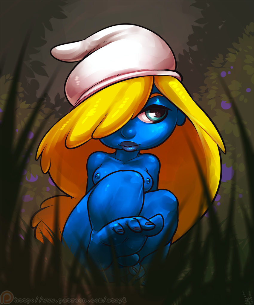 2014 anthro atryl bare_shoulders blonde_hair blue_body blue_eyes breasts digital_media_(artwork) female hair hair_over_eye hat hi_res humanoid nipples not_furry nude smurf smurfette solo the_smurfs