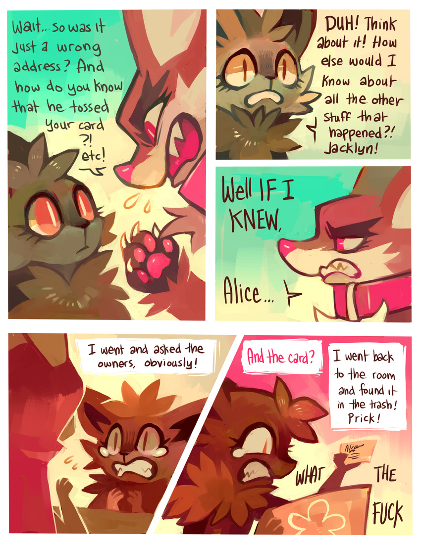2014 alice_(floraverse) angry annoyed anthro blush canine card cat collar comic dialogue embarrassed feline female floraverse fur group jacklyn_(floraverse) kemono mammal purplekecleon red_eyes reptile scalie snake tears teeth thistle_(floraverse) trash_can wolf