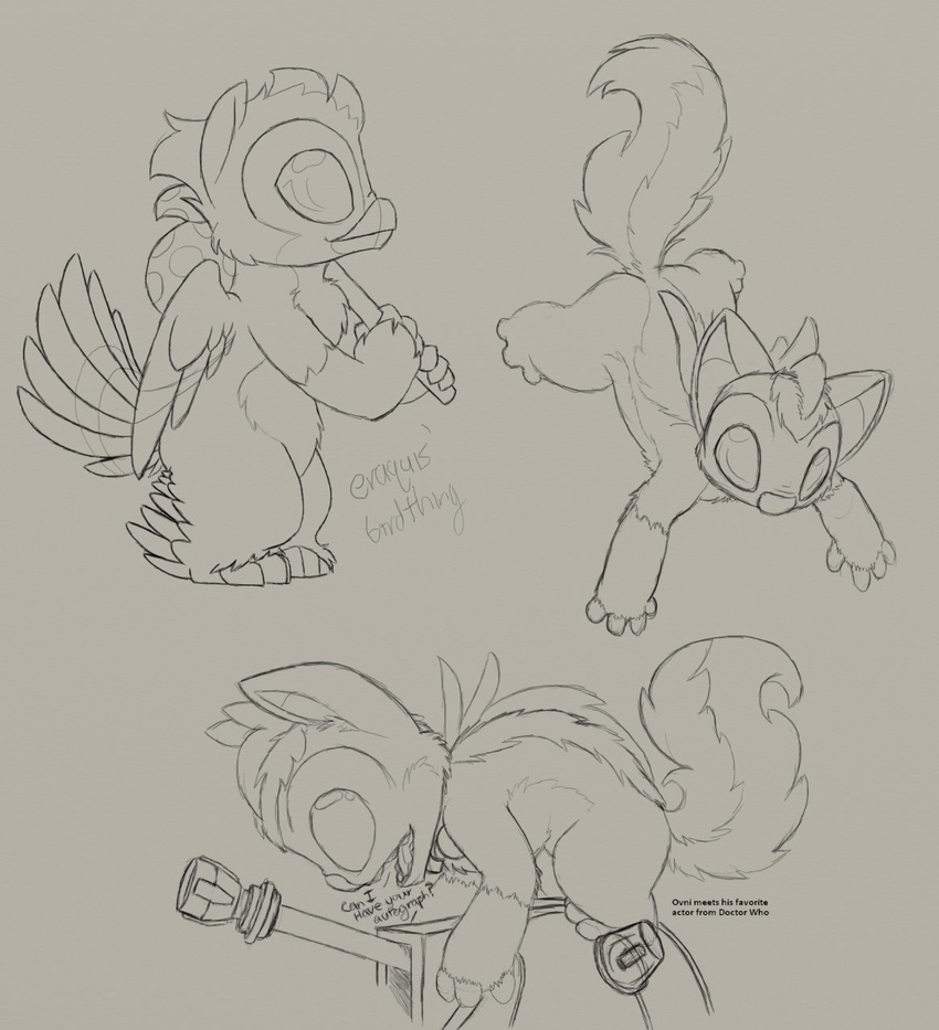 action_pose alien ambiguous_gender avian beak bindle dalek dialogue english_text experiment_(species) fan_character fluffy_tail greyscale line_art looking_down monochrome multiple_images multiple_poses ovni pencil_(artwork) petrock pointy_ears sketch solo standing text traditional_media_(artwork) wings
