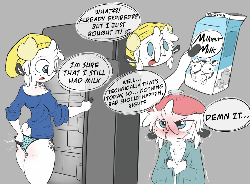 5_fingers abril_(daweregoat) absurd_res angry anthro appliance beanie biped blue_clothing blue_eyes bottomwear bovid breasts butt caprine clothed clothing container cooler daweregoat english_text female fingers fluffy fluffy_tail fridge front_view fur goat hair hand_on_butt hat headgear headwear hi_res humor ill kitchen_appliance mammal markings messy_hair milk milk_container panties partially_clothed partially_clothed_female pivoted_ears rear_view scratching scratching_butt shaking shivering short_hair simple_background small_breasts solo spots spotted_body spotted_fur tail text thick_thighs underwear white_body white_fur white_hair yellow_clothing