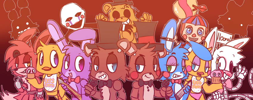 2014 absolutely_everyone ambiguous_gender animatronic anthro avian balloon balloon_boy_(fnaf) beak bear bib bird blue_eyes blue_fur bonnie_(fnaf) bow_tie brown_fur canine chest_tuft chica_(fnaf) chicken cupcake cupcake_(fnaf) eye_patch eyewear female five_nights_at_freddy's five_nights_at_freddy's_2 food fox foxy_(fnaf) freddy_(fnaf) fur golden_freddy_(fnaf) green_eyes group guitar hallucination hat hook hook_hand lagomorph looking_at_viewer looking_back machine male mammal mangle_(fnaf) marionette_(fnaf) mechanical microphone musical_instrument open_mouth pikachufanz pink_fur purple_eyes purple_fur rabbit red_fur robot shadow_bonnie_(fnaf) shadow_freddy_(fnaf) sign simple_background smile top_hat toy_bonnie_(fnaf) toy_chica_(fnaf) toy_freddy_(fnaf) tuft white_fur yellow_eyes yellow_fur