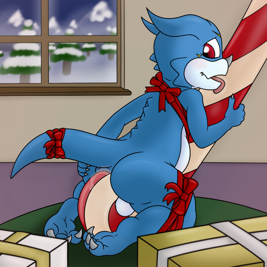 abdominal_bulge anal anal_insertion anal_penetration ass_juice backsack balls bandai bow butt candy_cane christmas colored digimon food food_play holidays insertion inside kneeling looking_back male penetration rear_view ribbons scalie shaded solo spread_butt spreading tight_fit tygre_(artist) veemon