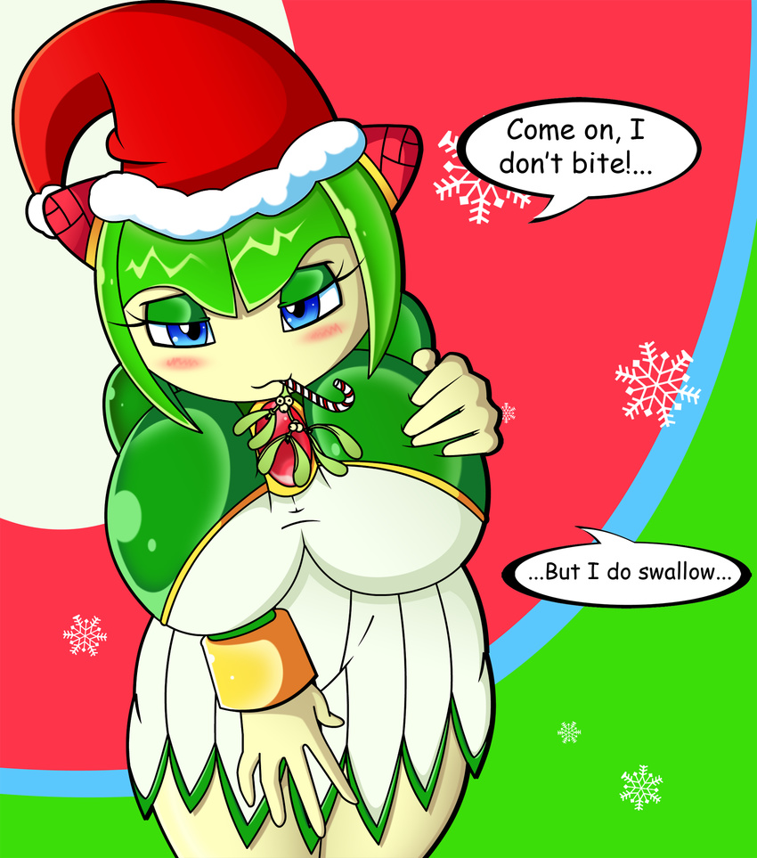 big_breasts blue_eyes blush breasts candy_cane christmas cosmo_the_seedrian dress english_text female flora_fauna green_hair hair hand_on_breasts hat holidays huge_breasts looking_at_viewer plant pom_hat santa_hat sega snowflake solo sonic_(series) text