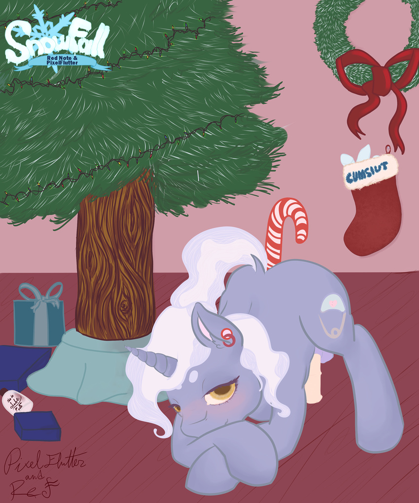 anal balls blush candy_cane christmas ear_piercing equine feral gift holidays horn legwear male mammal my_little_pony penis piercing pixelflutter pokey_pierce_(mlp) red_note snowfall solo stockings unicorn wreath