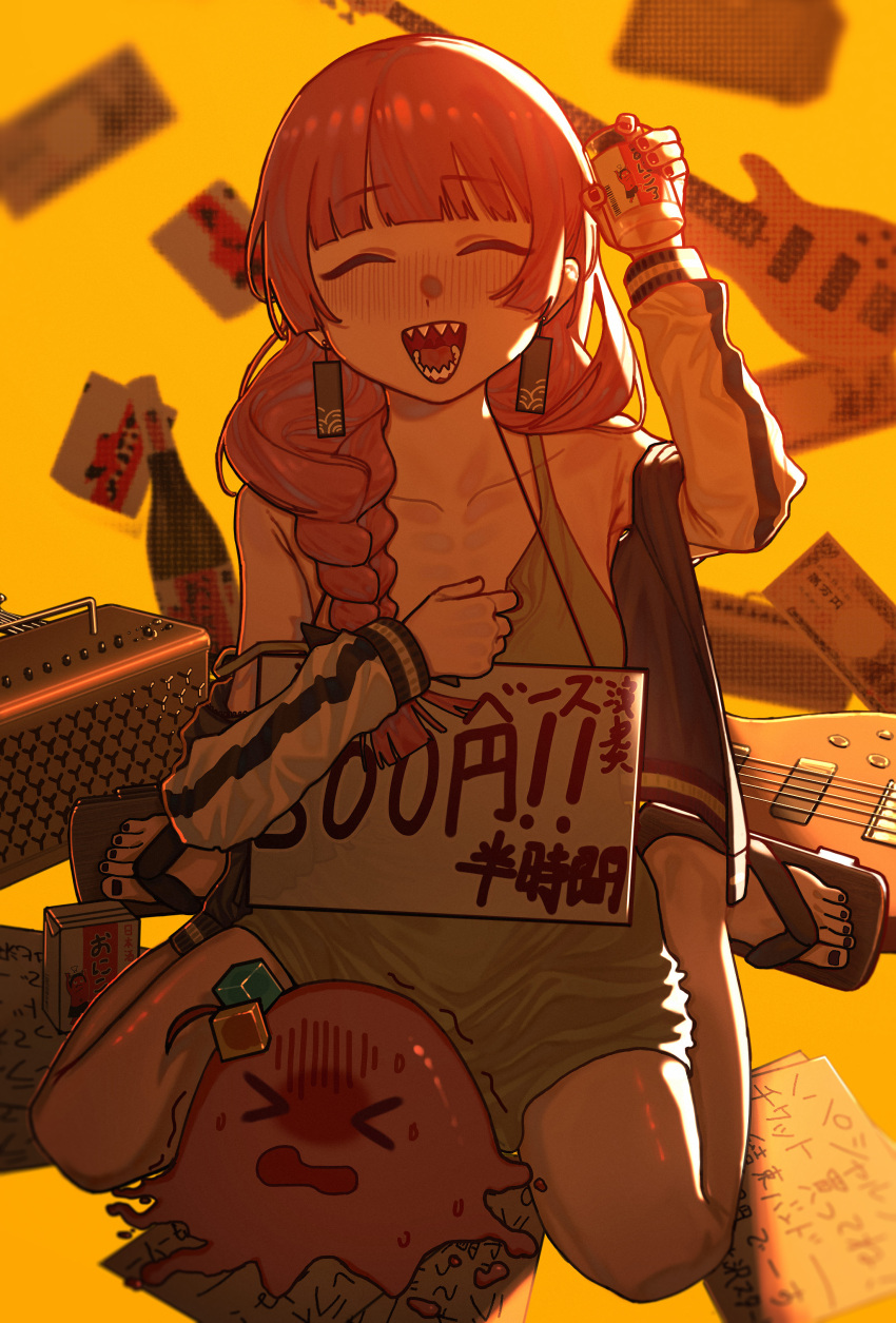 >_< 1girl absurdres alcohol amplifier bass_guitar black_nails blunt_bangs blurry blurry_background blush bocchi_the_rock! bottle braid creature dress drink_carton facing_viewer full_body geta gotoh_hitori gotoh_hitori_(octopus) green_dress hand_up highres hiroi_kikuri holding holding_bottle hsareshiya instrument jacket jacket_partially_removed letterman_jacket long_hair looking_at_viewer low-braided_long_hair low-tied_long_hair nose_blush open_mouth pink_hair sake sharp_teeth short_dress sign sign_around_neck simple_background sitting sleeveless sleeveless_dress smile solo spaghetti_strap strap_slip teeth trembling wariza yellow_background