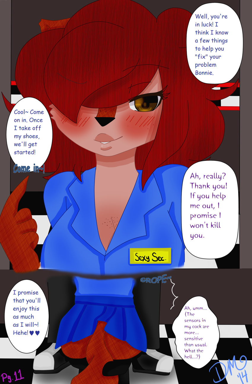 animatronic anthro black_pants black_socks blue_shirt blue_skirt blush bonnie_(fnaf) brown_eyes brown_fur butt cleavage clothed clothing color comic cute discordmelody female five_nights_at_freddy's freckles fur grope hair jasmine_ivory lagomorph machine male mammal mechanical nightguard rabbit red_hair robot rodent shoes squirrel