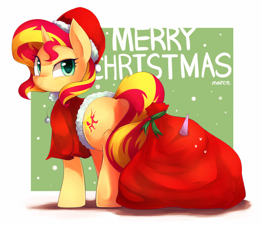 2014 bag blonde_hair blue_eyes christmas clothing cutie_mark english_text equestria_girls equine female feral hair hat holidays horn mammal marenlicious my_little_pony red_hair sack santa_hat solo sunset_shimmer_(eg) sweat text two_tone_hair unicorn