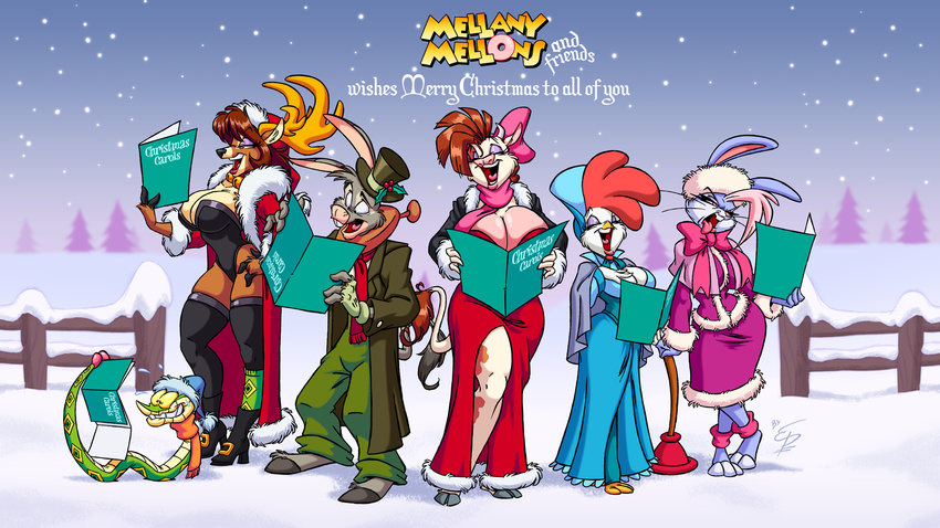 2014 anthro avian big_breasts bird bovine breasts cattle cervine chicken choo-choo christmas cleavage clothed clothing donkey easter_booby eltonpot equine female feral group holidays huge_breasts jackpot jilo_(character) lagomorph male mammal mellany_mellons rabbit reindeer rena_(jilo) reptile scalie singing smile snake