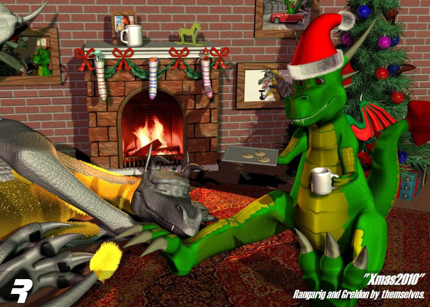 2010 3_toes 3d cgi christmas christmas_tree claws cookie cup cute dracorex dragon duo eyes_closed fire gift green_scales greldon hat holidays horn male rangarig rangarig_rex red_eyes santa_hat scalie sleeping smile tiny_wings toes tree