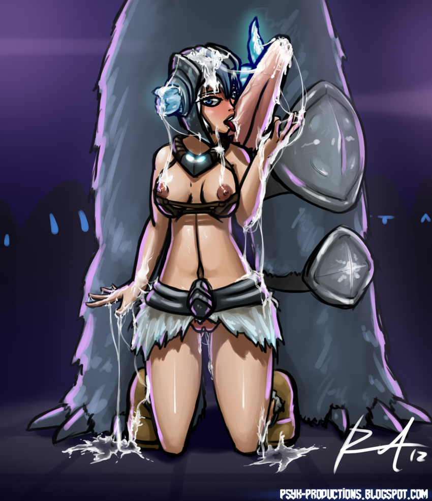 3_toes 5_fingers big_penis breasts bristle_(character) clawed_toes cum digital_media_(artwork) drippy duo female fur grey_fur hindpaw human humor league_of_legends looking_at_viewer mammal nude oral paws penis psyk323 pussy sejuani shield size_difference solo_focus sucking toes video_games wet