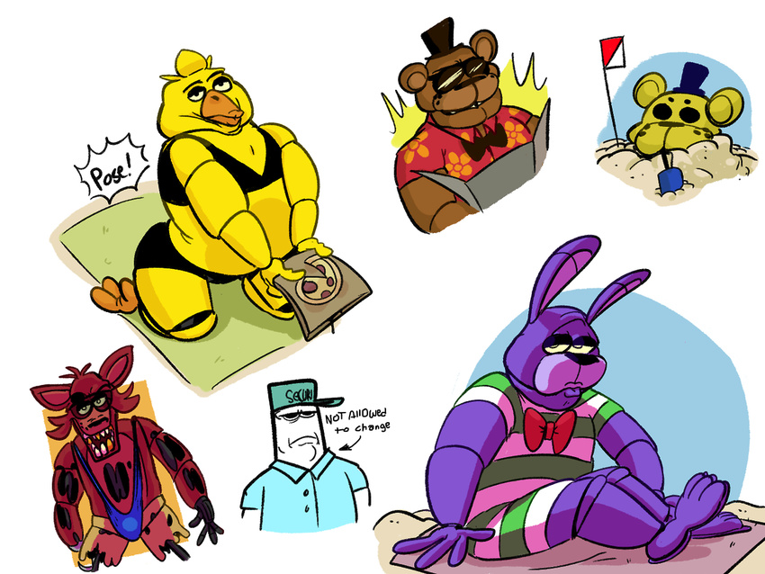 animatronic anthro bonnie_(fnaf) bow_tie chica_(fnaf) clothing duckface eye_patch eyewear female five_nights_at_freddy's foxy_(fnaf) freddy_(fnaf) golden_freddy_(fnaf) hat hook machine male mechanical phillip-banks robot swimsuit