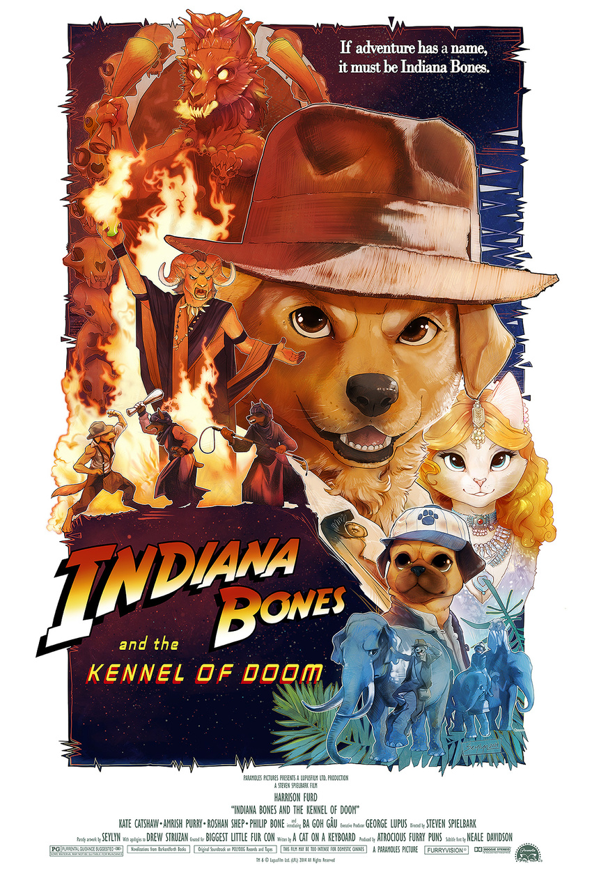 anthro baseball_cap blue_eyes brown_eyes canine caprine clothing digitigrade doberman dog elephant feline female feral fire goat group hat indiana_jones jewelry labrador male mammal movie movie_poster necklace parody seylyn size_difference skull tongue tongue_out whiskers