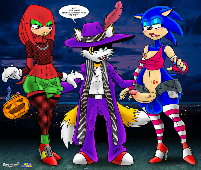 anthro blush breasts dickgirl doomington english_text girly group intersex knuckles_the_echidna male miles_prower multi_cock penis pimp pimp_hat sega small_breasts sonic_(series) sonic_the_hedgehog sonicharinezumi text vpl wide_hips