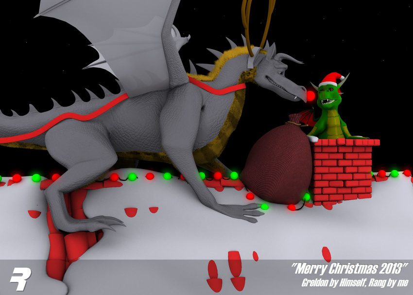 2013 3d cgi christmas cute dracorex dragon duo greldon happy hat hi_res holidays male rangarig rangarig_rex santa_hat scalie smile