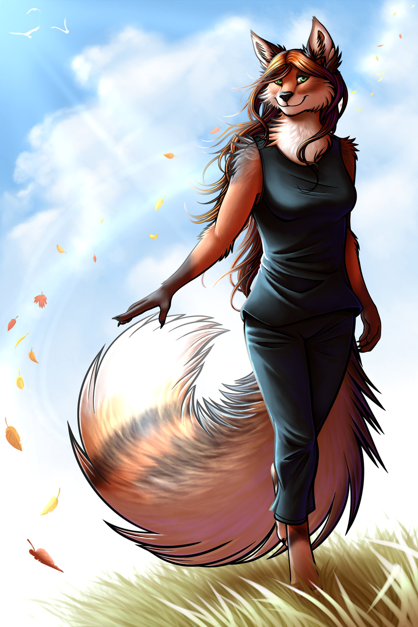 2014 anthro avian birds brown_hair canine clothed clothing female fox foxcat green_eyes hair leaves looking_at_viewer mammal ratte sky smile solo