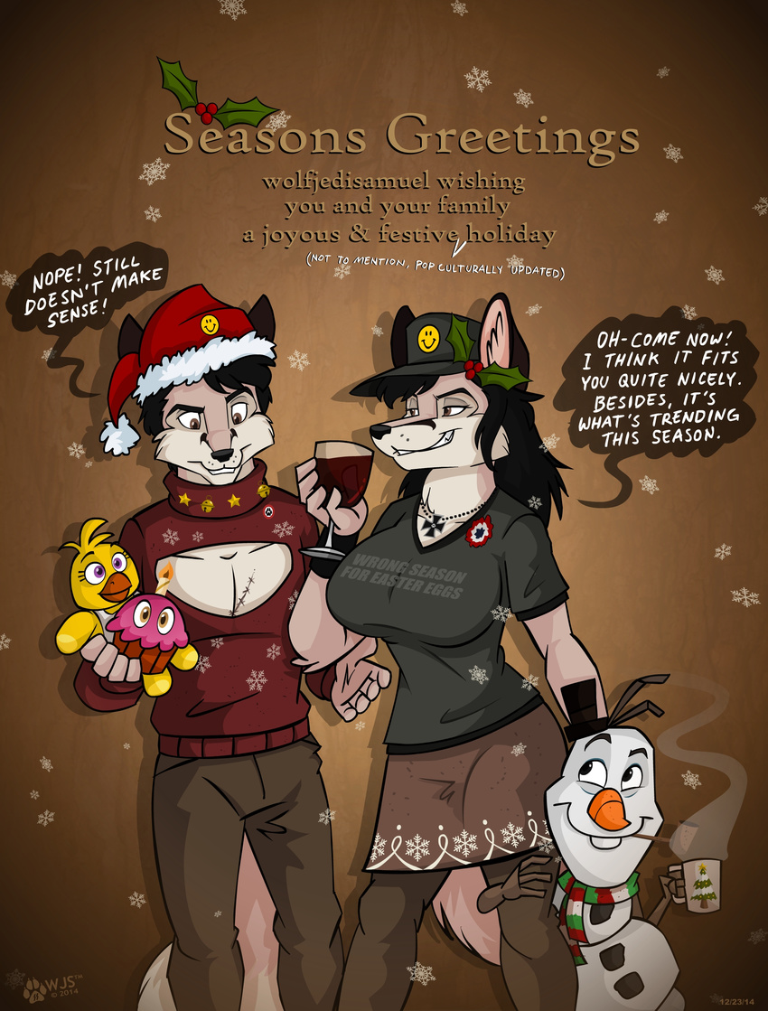 alcohol anthro avian bell beverage big_breasts breasts brown_eyes canine chica_(fnaf) christmas christmas_tree cross cupcake english_text female five_nights_at_freddy's food frozen_(movie) hat holidays iron_cross keyhole_turtleneck male mammal olaf_(frozen) pendant pipe scar skirt snowflake snowman star steam stitches sweater teeth text tree turtleneck wine wolf wolfjedisamuel wristband