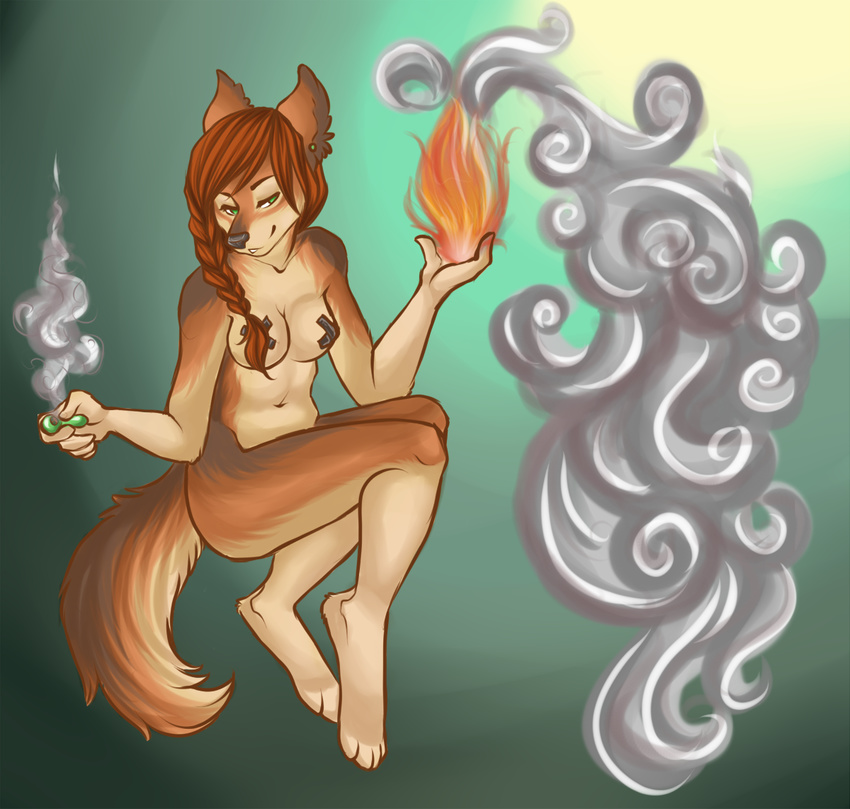 5_fingers breasts canine ear_piercing eura female fire gradient_background green_eyes hair mammal nipple_tape nude pasties piercing ponytail red_hair smile smoke solo