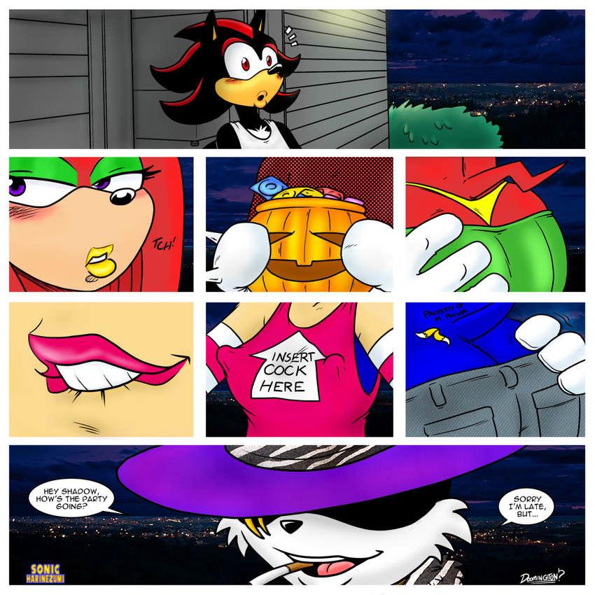 anthro blush clothing doomington english_text female girly group knuckles_the_echidna male mesh_shirt miles_prower pimp_hat sega shadow_the_hedgehog shirt sonic_(series) sonic_the_hedgehog sonicharinezumi tank_top tattoo text thong tramp_stamp wide_hips