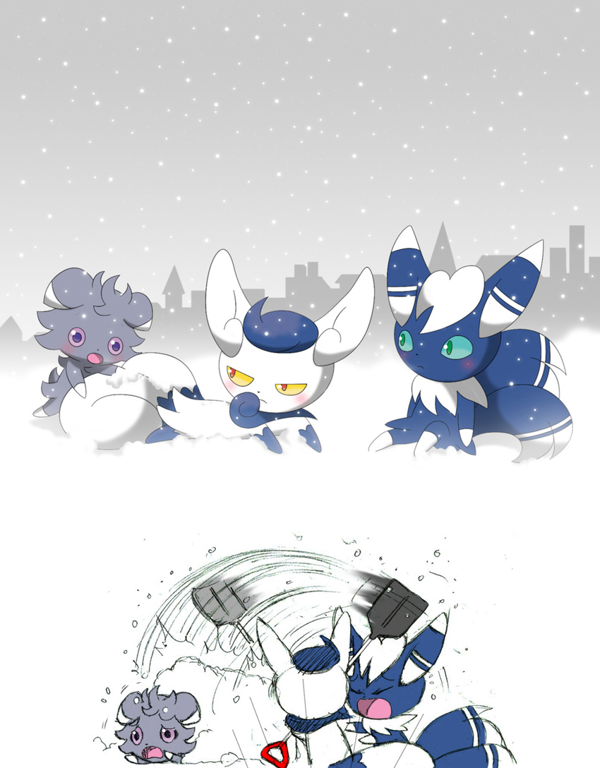 2014 ambiguous_gender blue_fur blue_sclera blush espurr espurr_abuse eyes_closed family female feral fur green_eyes grey_fur group hi_res lying male meowstic multicolored_fur nintendo open_mouth outside plain_background pok&eacute;mon red_eyes shovel sitting snow snowball snowing standing two_tone_fur video_games white_background white_fur winick-lim yellow_sclera young