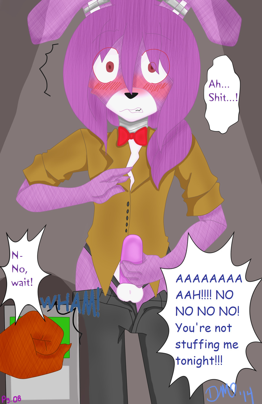 animatronic anthro black_pants blush bonnie_(fnaf) bow_tie brown_fur brown_shirt color comic cute discordmelody disembodied_hand duo female five_nights_at_freddy's freckles full_page fur hair jasmine_ivory lagomorph machine male mammal masturbation mechanical penis purple_fur purple_hair rabbit robot rodent shocked solo_focus squirrel
