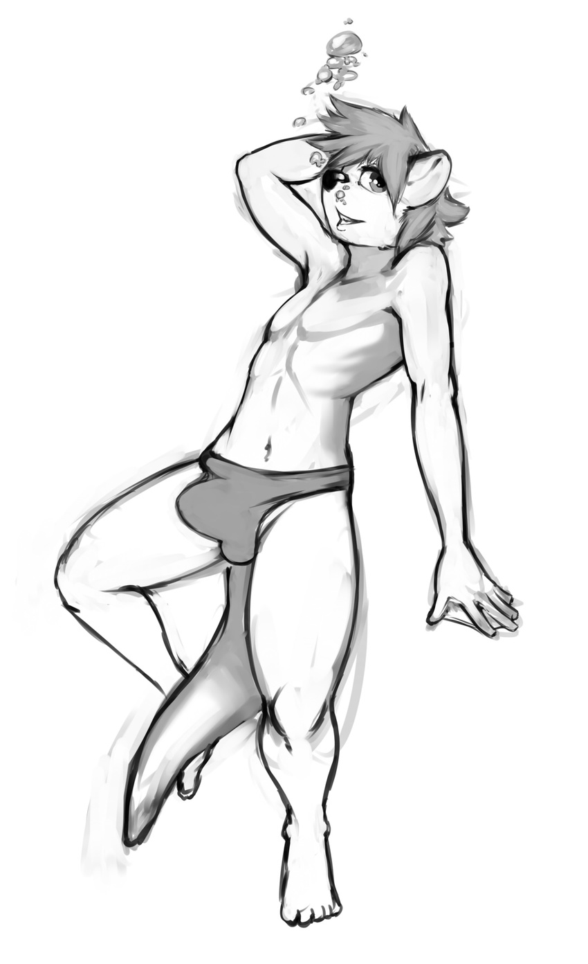 air_bubble anthro black_and_white bulge byondrage clothed clothing digital_media_(artwork) grey_bottomwear greyscale half-dressed male mammal monochrome mustelid otter pose solo speedo swimsuit topless underwater water