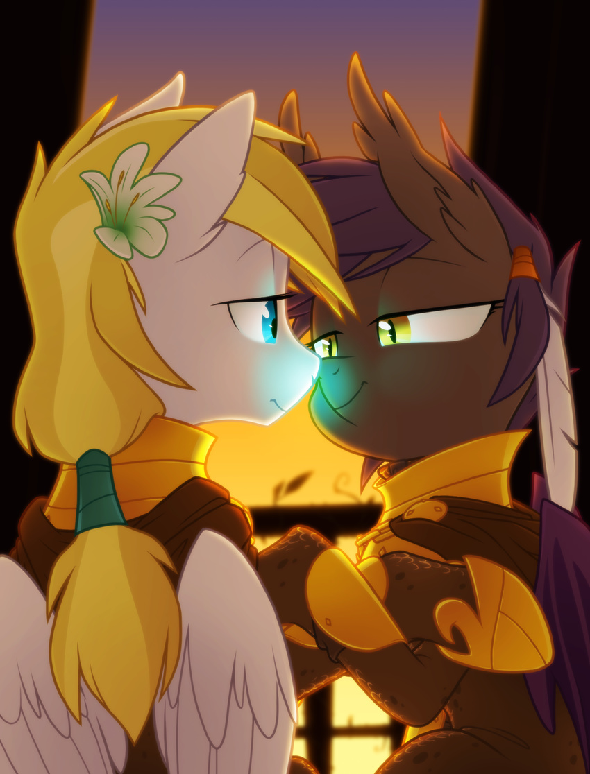 2014 armor bat_pony blonde_hair blue_eyes cloud_skipper_(mlp) cute duo equestria-prevails equine eye_contact fan_character feather female feral flower friendship_is_magic hair half-closed_eyes hi_res horse hug male mammal membranous_wings midnight_blossom_(mlp) my_little_pony pegasus plant pony royal_guard_(mlp) slit_pupils smile sunset wings yellow_eyes