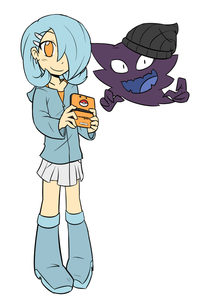 blue_hair duo female gardevoir ghost hair hat haunter hoodie human humanized looking_at_viewer male mammal nintendo nintendo_ds open_mouth orange_eyes piercing plain_background pok&eacute;ball pok&eacute;mon rakkuguy_(artist) shiny_pok&eacute;mon skirt smile spirit tongue video_games