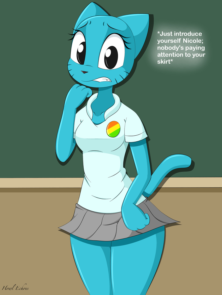 anthro blue_fur cat clothing english_text feline female fur hi_res howl_echoes inside mammal nicole_watterson skirt solo standing text the_amazing_world_of_gumball