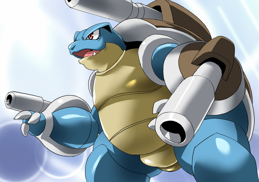 alios ambiguous_gender anthro blue_skin claws feral mega_blastoise mega_evolution nintendo open_mouth pok&eacute;mon pok&eacute;mon_(species) red_eyes reptile scalie shell simple_background solo video_games weapon