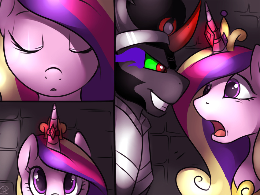 2014 comic duo equine eye_contact female feral friendship_is_magic grin horn horse king_sombra_(mlp) male mammal meggchan my_little_pony princess_cadance_(mlp) rape_face smile unicorn winged_unicorn wings