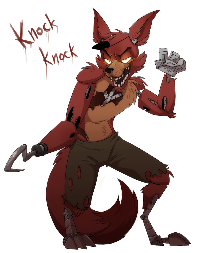 2014 animatronic anthro black_nose canine clothing eye_patch eyewear five_nights_at_freddy's fox foxy_(fnaf) fur glowing glowing_eyes hook machine male mammal mechanic mechanical naughty_face pants plain_background red_fur robot solo text white_background xnirox