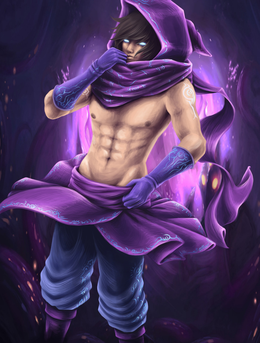 1boy abs blue_eyes brown_hair clothes gloves glowing glowing_eyes league_of_legends looking_at_viewer male_focus malzahar muscle navel nipples pants pecs purple purple_background sargent94 scarf shirtless short_hair solo