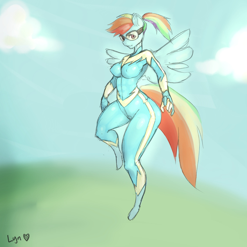 anthro anthrofied bodysuit breasts clothing equine eyewear female friendship_is_magic goggles looking_at_viewer lyndoi227 mammal my_little_pony nipple_bulge pegasus rainbow_dash_(mlp) skinsuit solo tight_clothing wide_hips wings wonderbolts_(mlp)